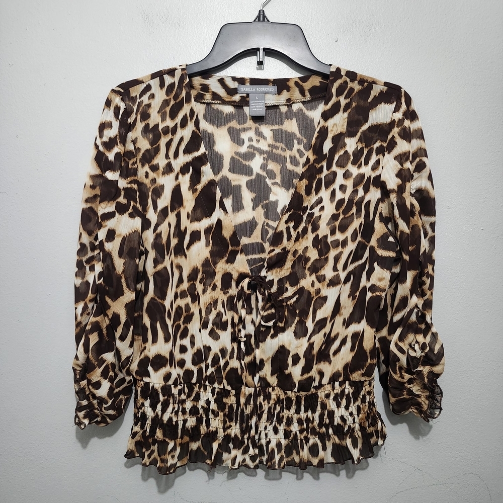 Isabella Rodriguez Animal Print V-Neck Sheer Blouse Size L Y2K 90s